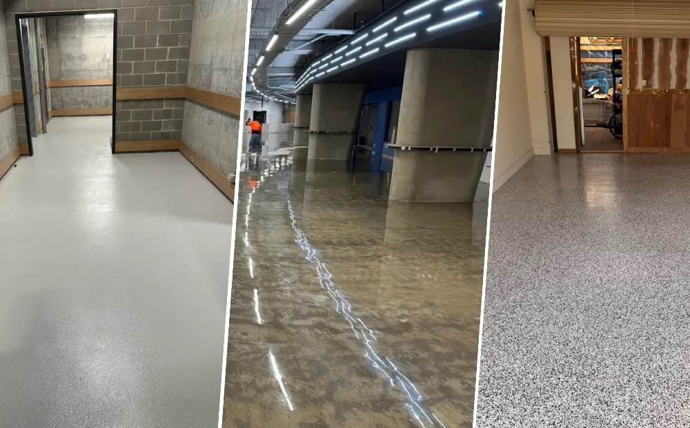 Comparison of solid colour, flake and metallic decorative epoxy flooring finishes.