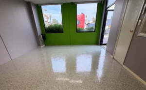 Epoxy flooring colour and flake samples for choosing a finish.