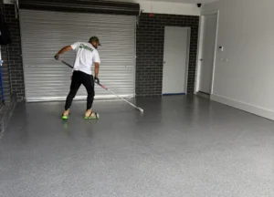Flake epoxy flooring finish showing mottled, textured pattern.