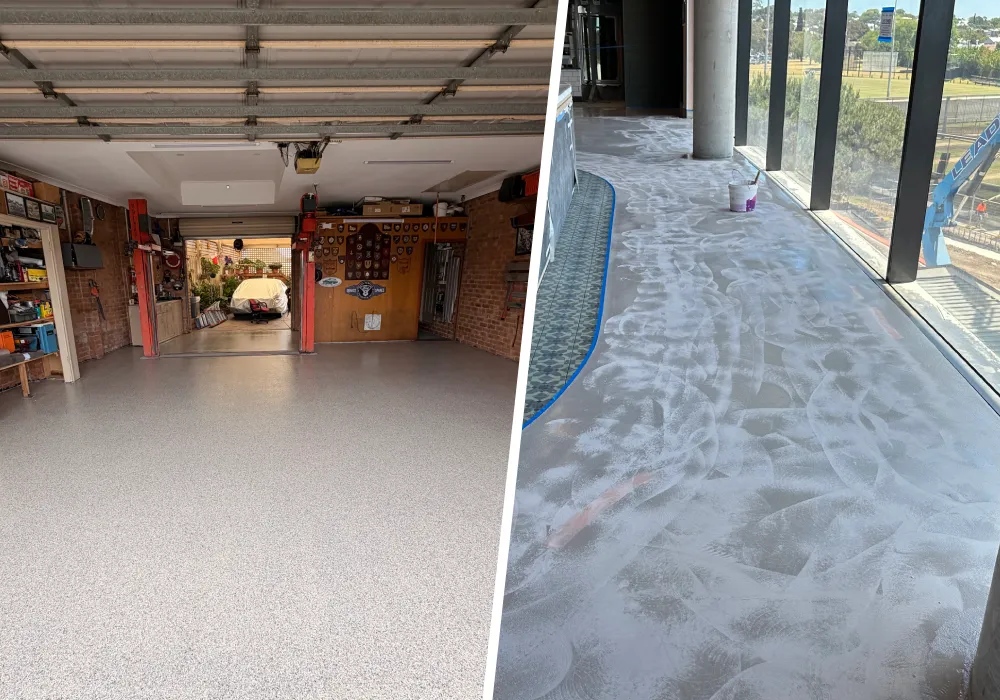 Garage floor paint peeling compared with an intact epoxy floor finish.