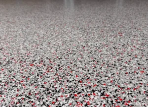 Slip-resistant flake epoxy flooring finish in a laundry area.